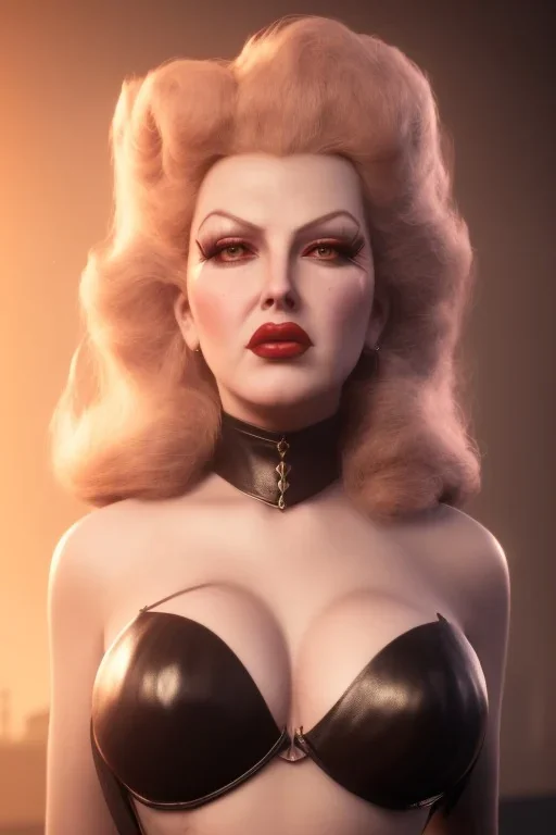 Lana Turner as evil queen in black leather, leather, busty, cleavage, angry, stern look. character design by cory loftis, fenghua zhong, ryohei hase, ismail inceoglu and ruan jia. unreal engine 5, artistic lighting, highly detailed, photorealistic, fantasy