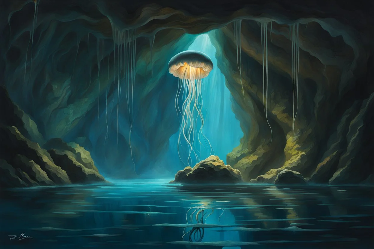 A mysterious underwater cave, rock formation, glowing jellyfish, strange aquatic creatures, art by Lucas Graciano.