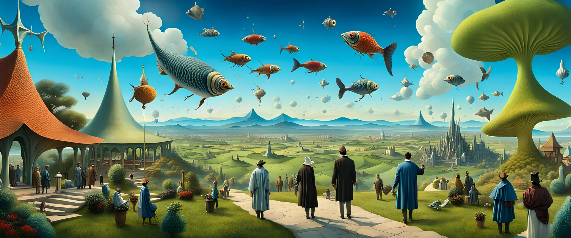 Salvador Dali & Hieronymus Bosch greet to each other at an outdoor surrealist market. A small flock of dream-like sky-fish fly high in the far distant sky, with a beautiful surreal outdoor countryside summer scene with hills, pathways, steps, waterfalls, interesting buildings, & an intricate fractal sky, very high detail, photorealistic, epic cinematic, 8K, Large depth of field