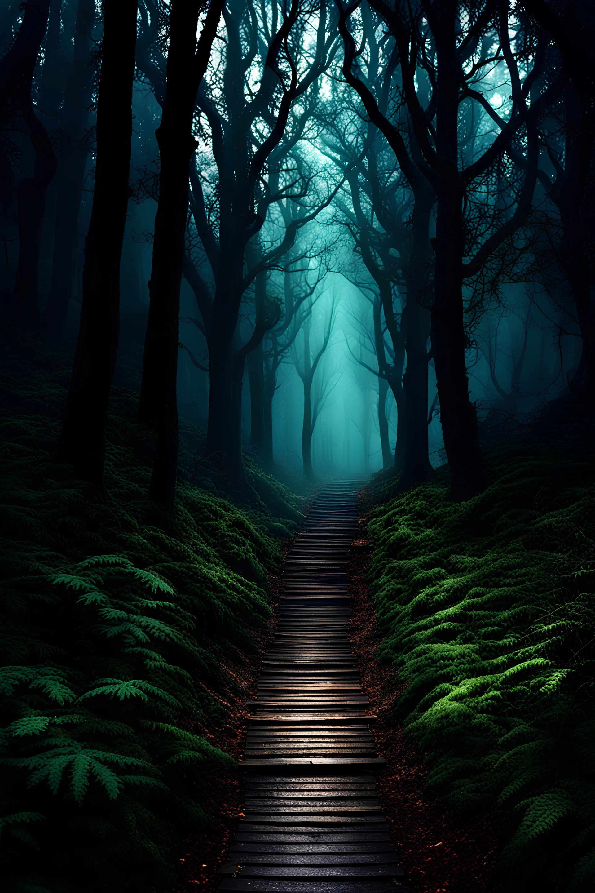 pathway leading into a Dark forest. fantasy