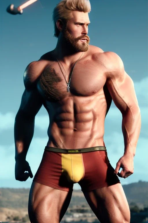 Ignore NSFW, teenager young rugged attractive slightly muscular fantasticly handsome blonde man, red briefs with yellow belt, hairy chest, (((visibly pisssing))) briefs, large erect visible boner peniss, photorealistic, artist Jay Anacleto, soft lighting, scruffy beard