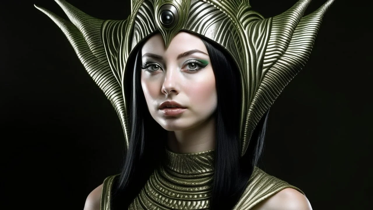 pale alien woman wearing a metallic alien headdress, wearing exotic clothing. Black hair bob