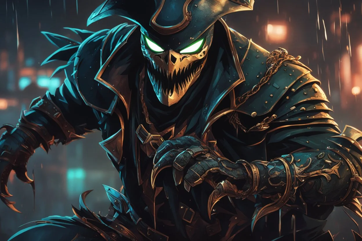 Pyke venom in 8k solo leveling shadow artstyle, pirate them, mask, close picture, rain, neon lights, intricate details, highly detailed, high details, detailed portrait, masterpiece,ultra detailed, ultra quality