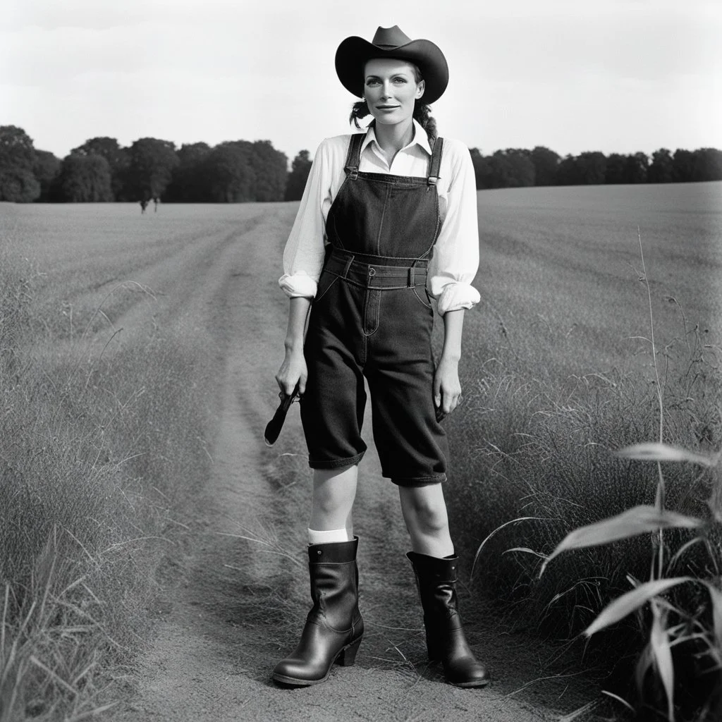 [photo by Helmut Newton] Grown up Pippi Longstocking: with a revealing overalls and cowboy boots in a field