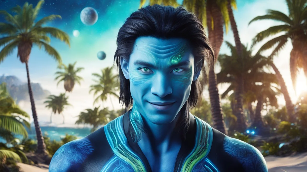 beautiful gorgeous young man na'vi with long hair, Avatar, blue skin, two small ears, green eyes, black hair, in cosmic suit, galactic ambiance, little pointy goatee , smiling, with spaceship and planets and palm trees and clear crystaline cosmic beach in background