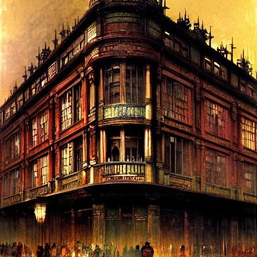 Corner building Metropolis, detailed facades ,dark colours, watercolor, by john atkinson Grimshaw, detailed painting,matte painting, alphonse mucha, greg rutkowski