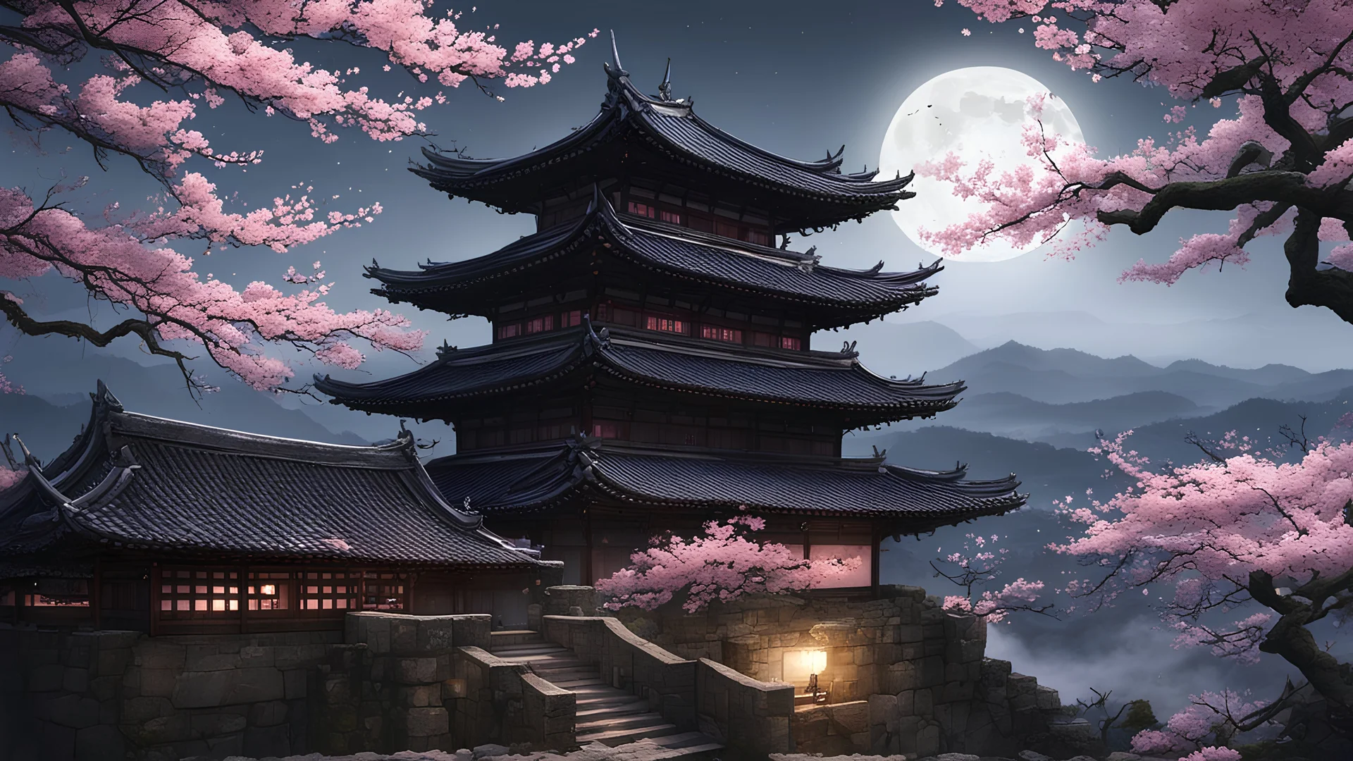 concept art, wide angle shot, A stealthy pink ninja, in the cloak of shadows, (((descending on roof))), cherry blossom tree, in an ancient fortress, weathered stone walls, mount fugi in distant horizon, at night, fog, full moon. high quality, highres:1.1, aesthetic), detailed, extremely detailed, 4K, detailed background