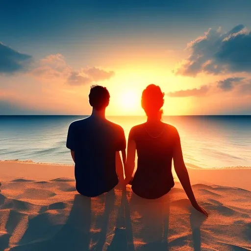 2 lovers watching the sunset sitting in the sand on a sand island