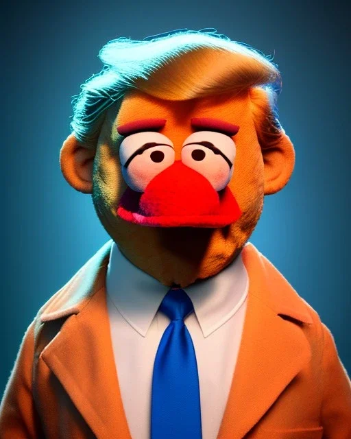 Waist up Portrait, Donald trump muppet, Sesame Street style, retro style, photo studio, blue background, unreal engine 5, god lights, ray tracing, RTX, lumen lighting, ultra detail, volumetric lighting, 3d.