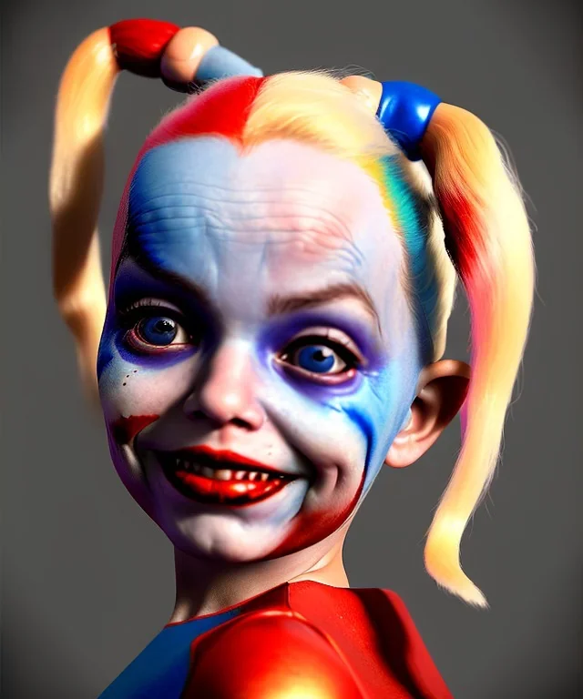 Harley quinn toddler, full body, soft skin, dramatic lighting, hyper realistic