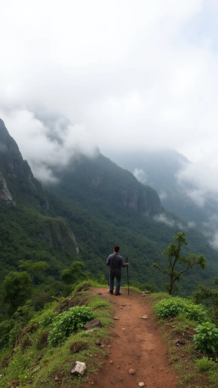 A trail between two mountains peaks in the Amazon side view , , below is a huge wood top view , foggy, misty , adventures, a man with walking stick at the end of the trail