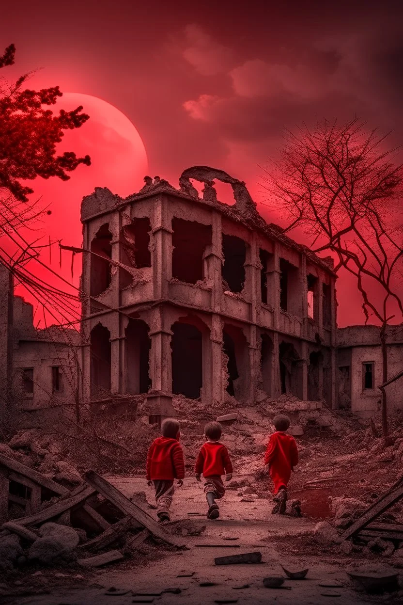 Abandoned ruins of many buildings with dead leaves and trees and children , red clouds in the sky with a red moon