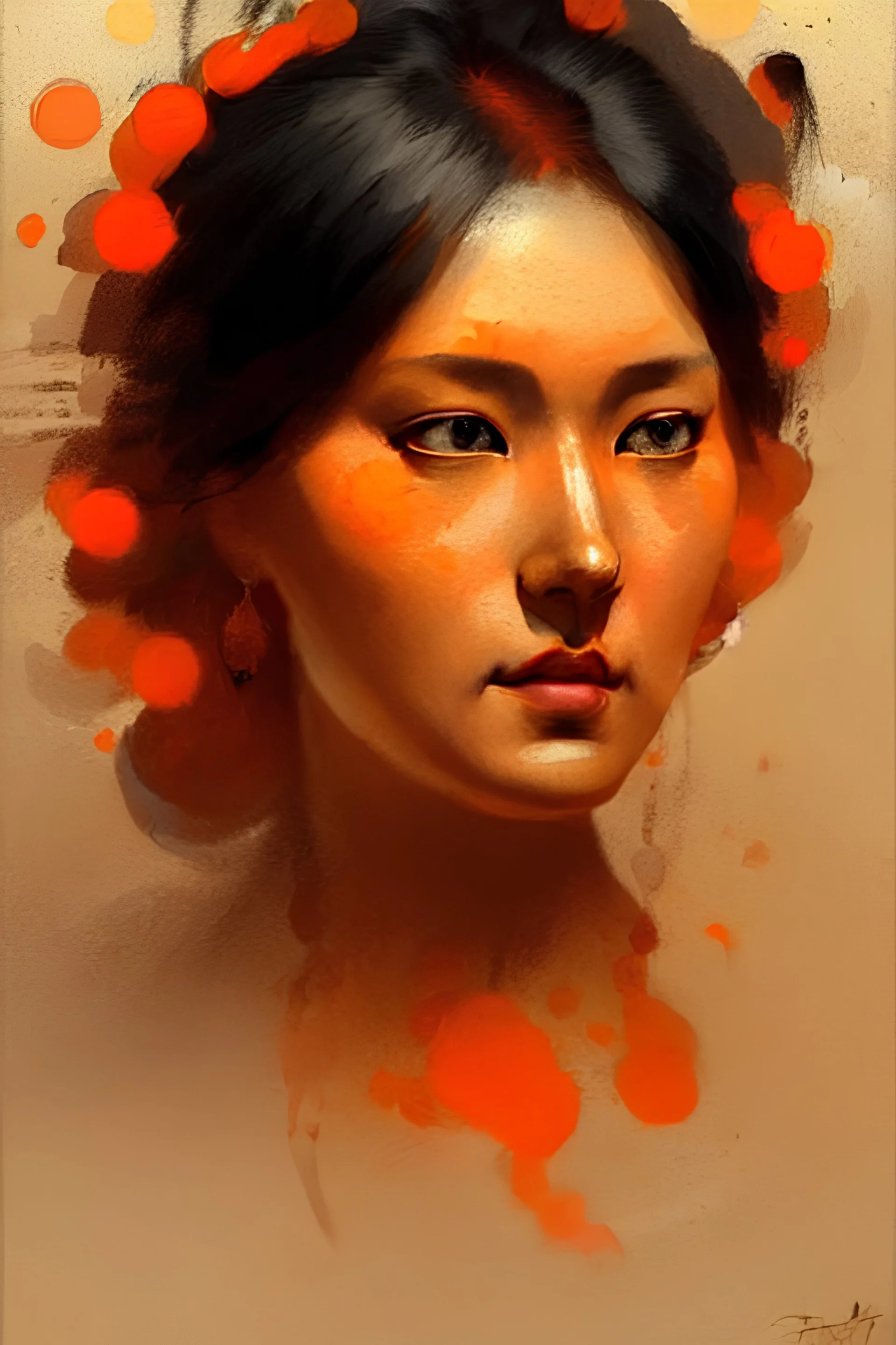 Beautiful brash Cherokee lady minimalist bokeh medium shot full body portrait painting by Anders Zorn by Toraji by Tsuguhanu shin hanga backlit dynamic lighting hyperdetailed intricately detailed Splash art trending on Artstation complimentary colors Unreal Engine 5 volumetric lighting Jordan Grimmer orange and black