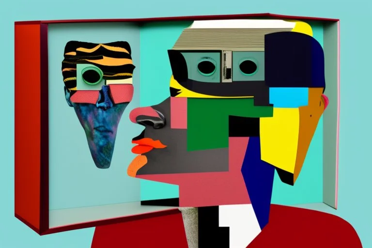 man with head inside a tv box in the style of Eileen Agar