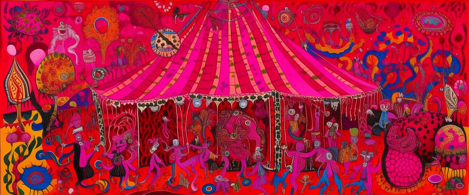 A magenta bizarre circus with tricky magic designed in Australian aboriginal art painted by Leonardo da Vinci