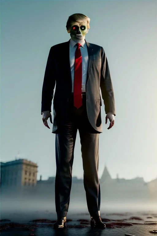 Ultra realistic image, Donald trump zombie, zombie performance, suit, skull, blood, torn arm, night, walking twisted, waist up view, thriller style, dark ambient, highly detailed, White House background, concept art, unreal engine 5, ray tracing, RTX, ultra detail, volumetric lighting, high definition, high resolution.