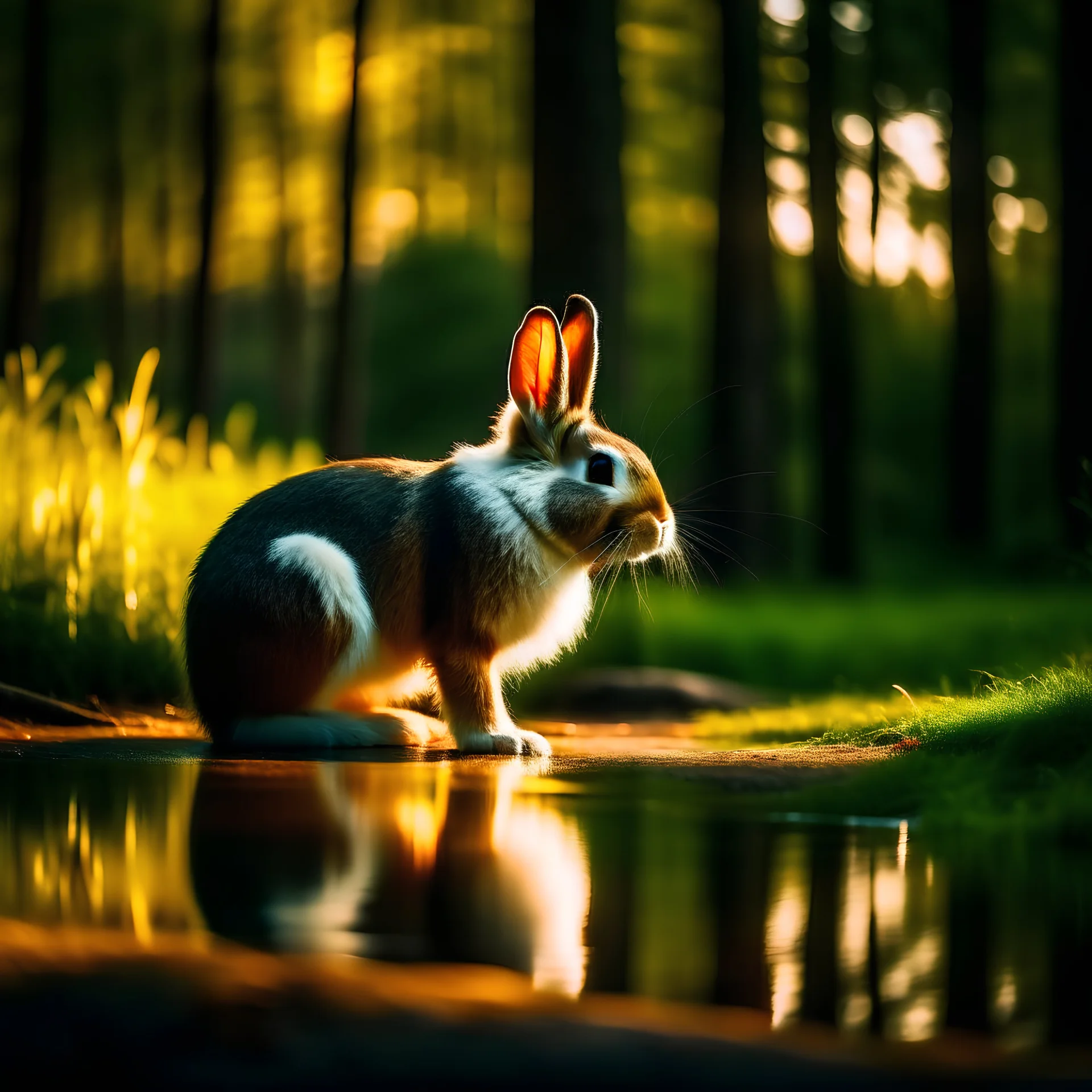 Rabbit in a forest near a lake and 8k lighting في الصباح