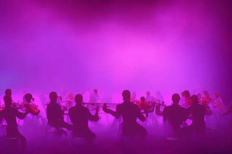 An orchestra playing on stage purple color scheme, high key lighting, volumetric light high details psychedelic background