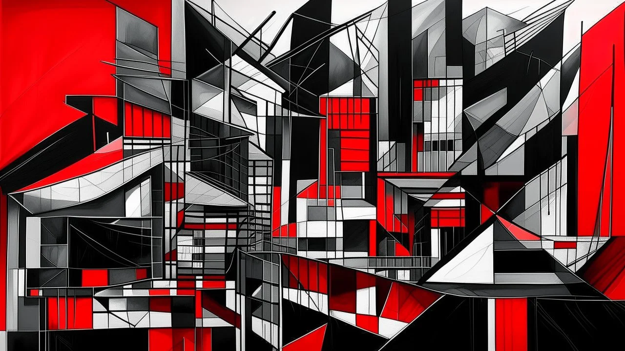 abstract architectural sketch, cubist influence, stark black and white architectural elements, bold red geometric blocks, textured paper, rough brushstrokes, minimal detail, fragmented forms, implied depth, architectural blueprints, linework, high contrast, surreal composition, monochromatic tones with vibrant red accents, graphic quality, abstract cityscape, urban deconstruction, geometric abstraction, expressive lines, textural depth, visual rhythm, artistic interpretation of architecture, ava