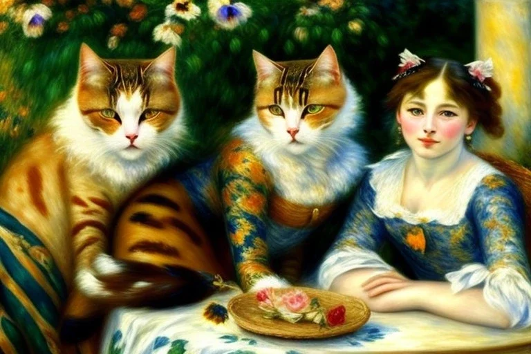 Two cats on a terrace. Auguste Renoir. Perfect brown eyes with perfect iris, perfect pupils.