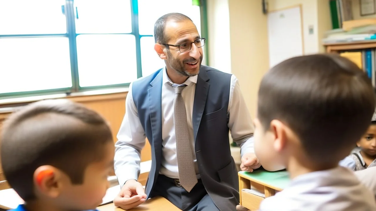 A male teacher explaining in a primary school, Egyptian complexion