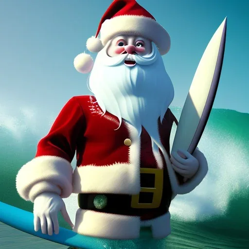 Santa standing of surfboard surfing a big wave, surfboard, beach, character design by cory loftis, fenghua zhong, ryohei hase, ismail inceoglu and ruan jia. unreal engine 5, artistic lighting, highly detailed, photorealistic, fantasy