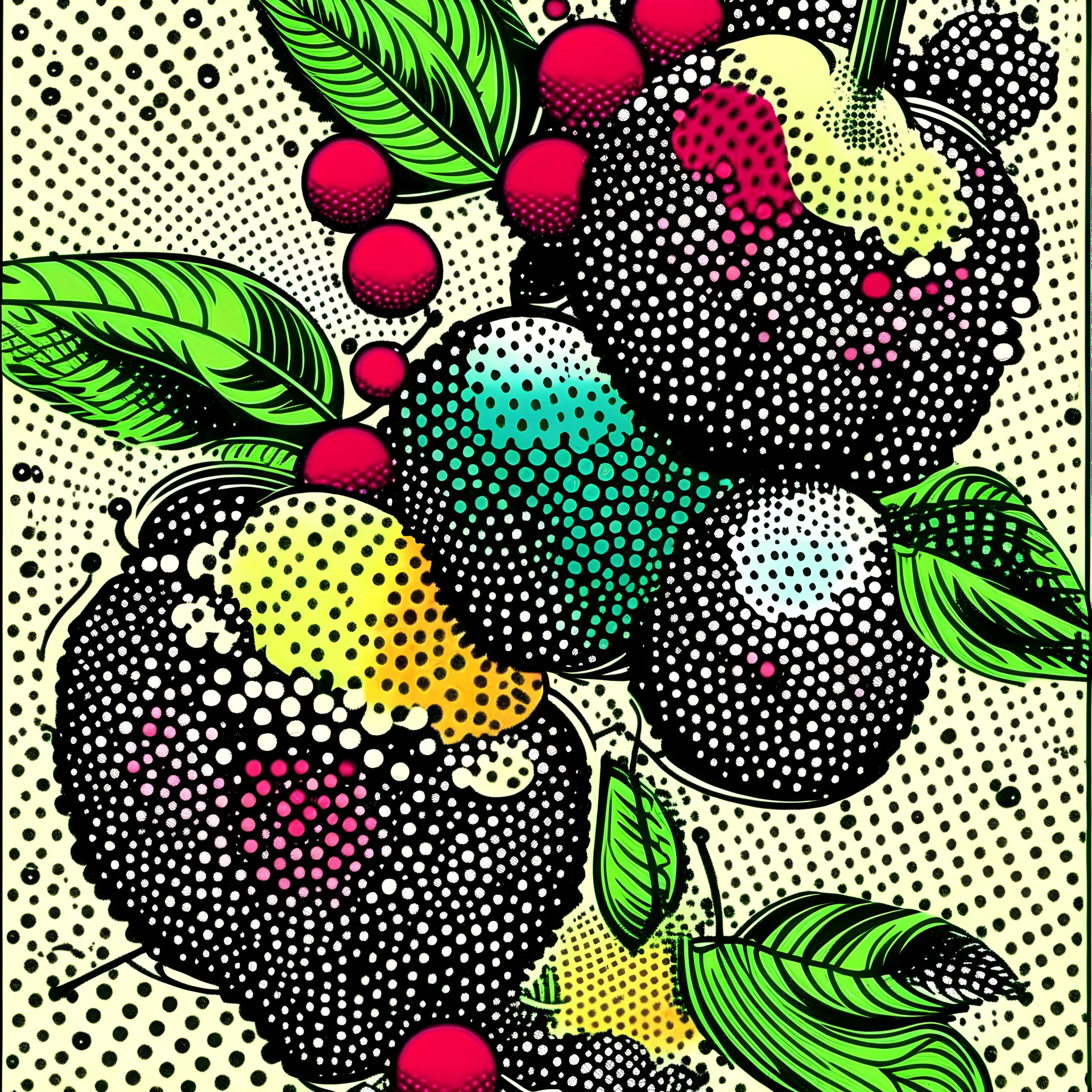 Vintage tshirt print design (on a white background:1.2), digital art of Retro Berry Bonanza, (pop art style:1.2), vibrant colors, halftone dots, reminiscent of 1960s comic book covers.