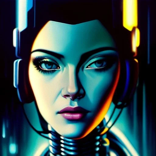 fullbody portrait in oil on canvas ,beautiful female robot, ominous, intense stare, sad eyes, post-apocalyptic in a cyberpunk city, ghost in the shell, Akira, BladeRunner movie poster, masterpiece, realistic, intricate detail, sci-fi fantasy style, volumetric lighting, particles, highly detailed ,cinamatic , deep colours,8k, by Caravaggio