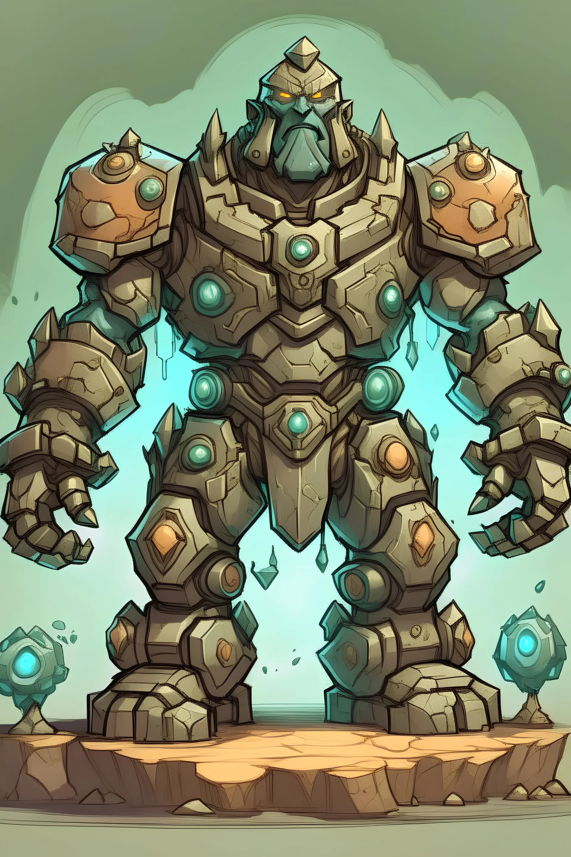 fantasy ancient golem with three empty spaces for gems in torso