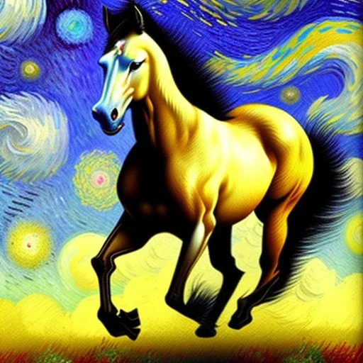 Dibujo al oleo de un caballo con nubes de colores estilo Vincent van Gogh