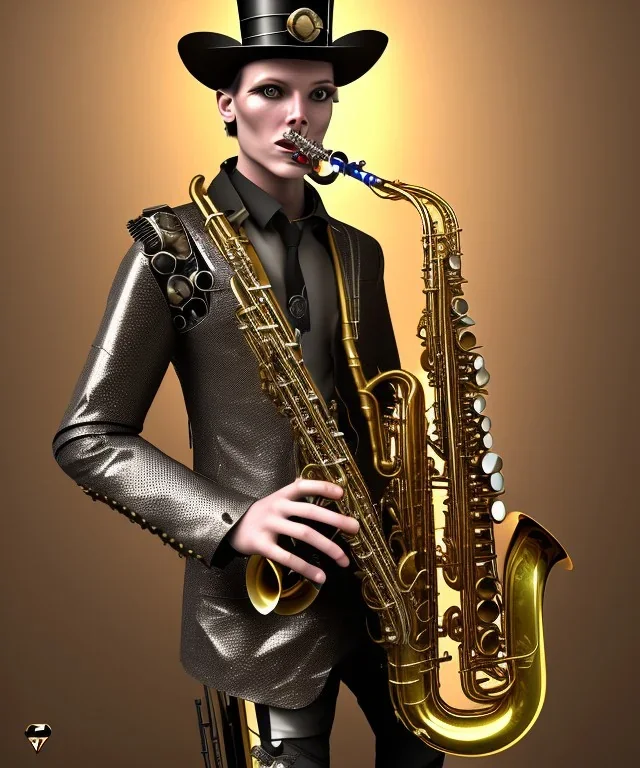 evil mechanoid person playing saxophone with a steampunk theme, realistic