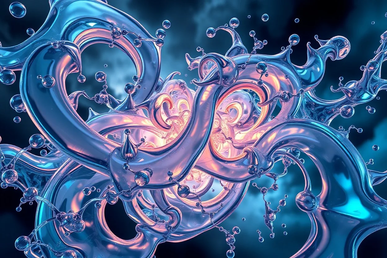 Dynamic complex hypnotic fractal 3D structures horizontal Symmetry twisting and morphing between organic and geometric forms , smooth translucent iridescent glass with inner glow and bubbles, varied transparent materials, stormy skies, intense dramatic