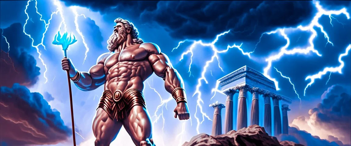 Detailed and realistic illustration of Greek god Zeus holding lightning in front of him Vintage style illustration. Red lightning. Ultra high resolution, realism, muscular, low fat percentage, blue clouds in the background, temple on the background, mount olympus on the background, lightning stricking on the background, Realistic men, no disformations, dark moody, strong, bold