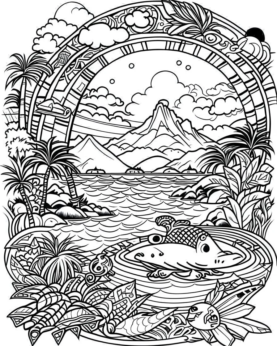 coloring pages for kids,Pacific island shaped logo Japanese ink painting, muted colors, including Dark black highlights to draw attention , rice paper texture, splashed paint, tropical beach, paradise, sea turtles, yellow sun, a Polynesian warrior , Art drawing ; ink , super detailed, text a the bottom “Tonga”, anime cartoon style, thick lines, low detail, black and white, no shading, --ar 85:110