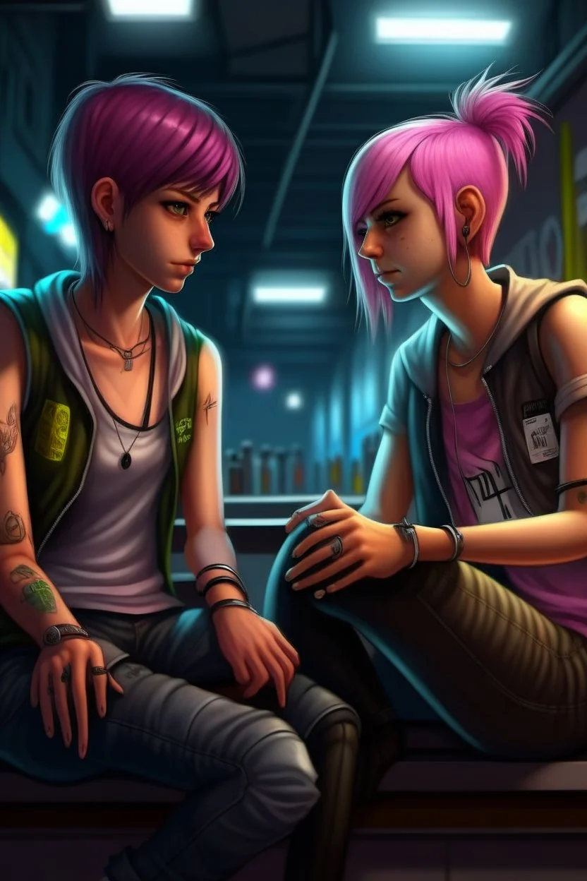 2D animasyon gece oturmuş birbirleri ile sohbet eden 2 kız kısa saçlı ve daha güzel kıyafetler daha detaylı punk tarzı saçları farklı biri diğerine platonik biri pembe tonlu giyiyor biraz daha 3D biri kaslı