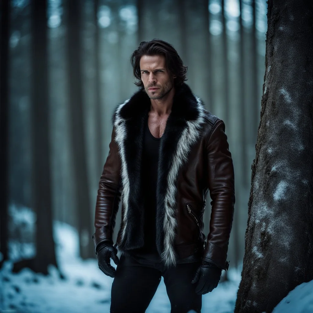 Handsome and muscular 30 year old mountain man wearing furry leather jacket, dark fantasy, snowy forest