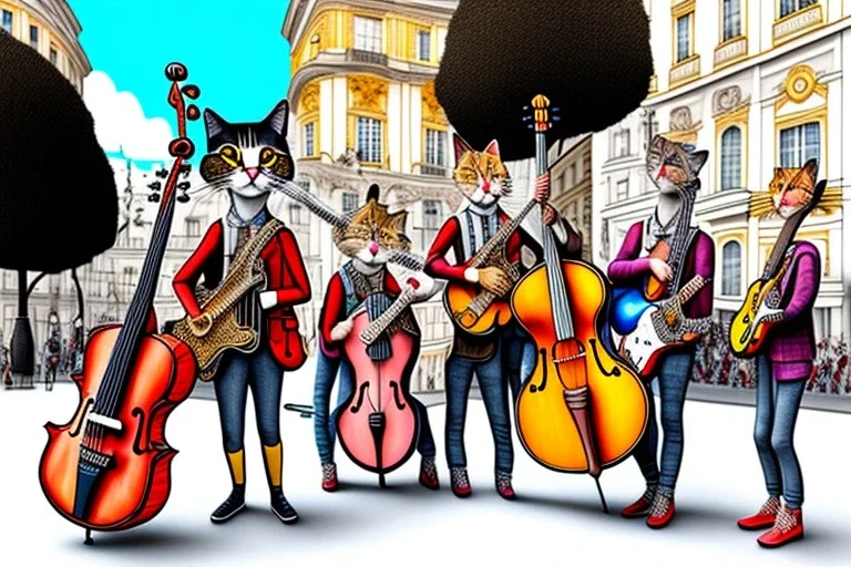 Group mature cats musicians, guitar drum, singing, street, Vienna, smiling, sunny day, model style, hyper realistic, extremely accurate, delicate, extremely detailed, Graphic novel style, wide-angle, open aperture, superfine pencil