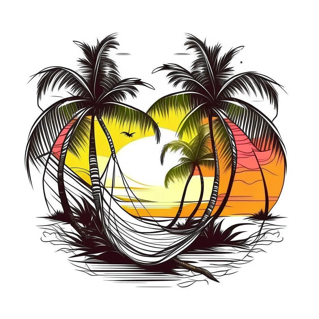 A tropical paradise island with palm trees and a hammock, dreamy, idyllic, sunset glow lighting, T-shirt design graphic, vector, contour, white background