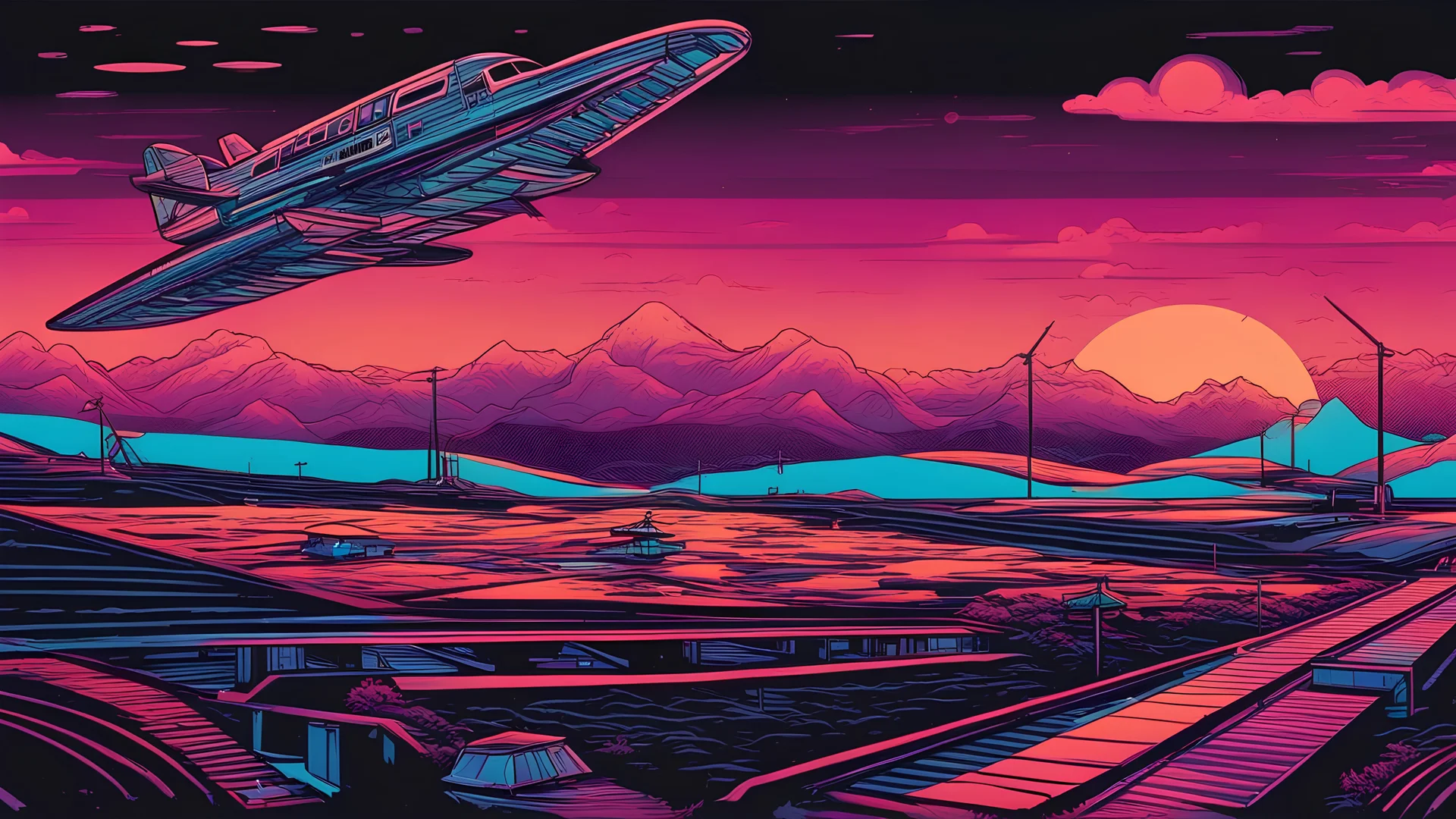 paperplane airport, comic style, 80's landscape, negative space, space quixotic dreams, temporal hallucination, psychedelic, intricate details, sunset neon colors and deep black background, 4K, very high contrast, chiaroscuro