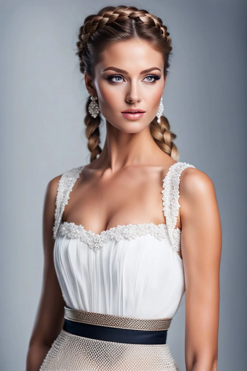 upper body closeup of very beautiful lady skirt and bluse , Braided hair ,standing idle pose in studio pretty makeup