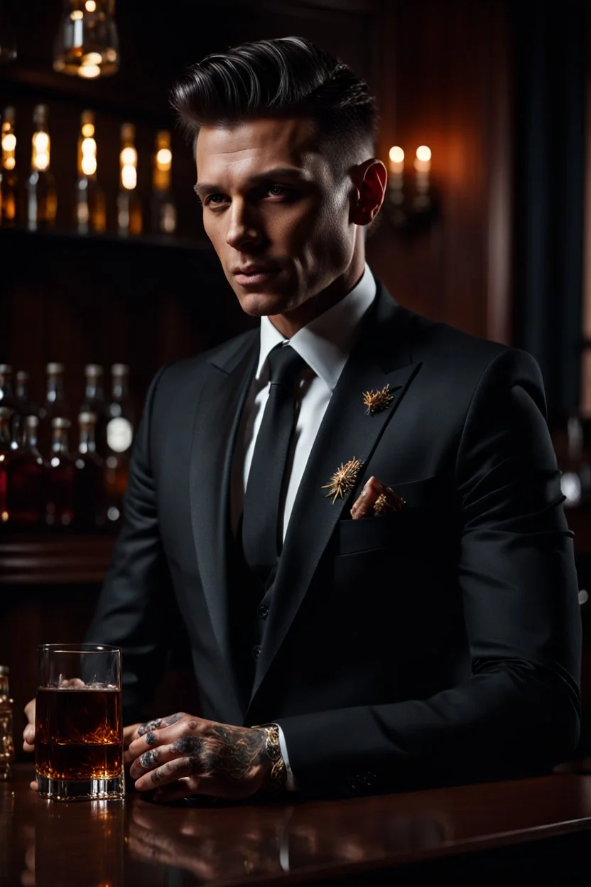 sharply dressed man in an all-black suit and shirt with detailed hand tattoos and a salt-and-pepper haircut sitting at a mahogany desk holding a glass of whisky, photorealistic, 4k