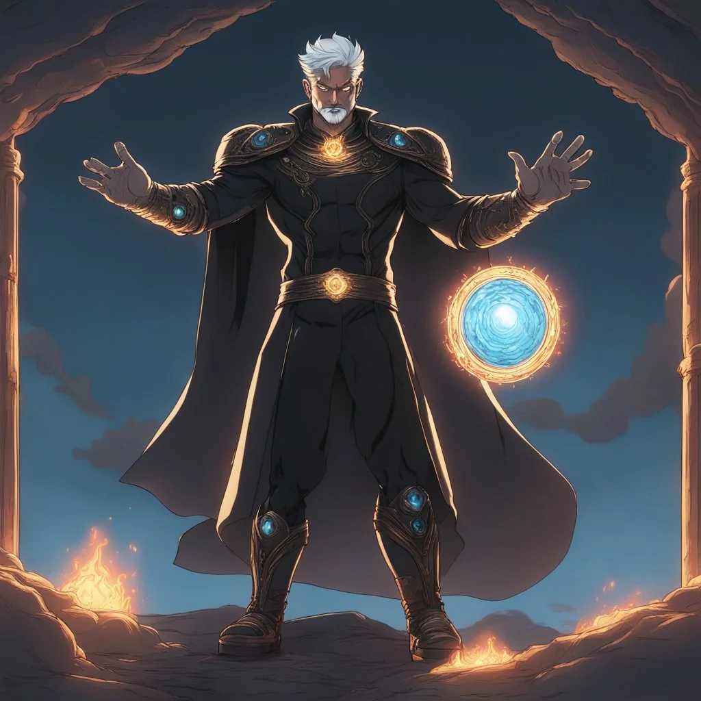 A 25 years boy persian in matte black robes with flaming eyes with grin with flaming light blue pupils stands atop a squire Two infinity gauntlets contain six infinity stones, one of which is made with nano In the hands of a powerful man walking While standing on a majestic height from afar