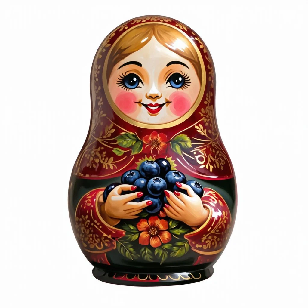 draw matryoshka dolls, the matryoshka is smiling, the kind sweet face of the matryoshka doll, behind the matryoshka Russian patterns in the style of Khokhloma, Khokhloma with gold and black flowers, in the hands of matryoshka blueberries