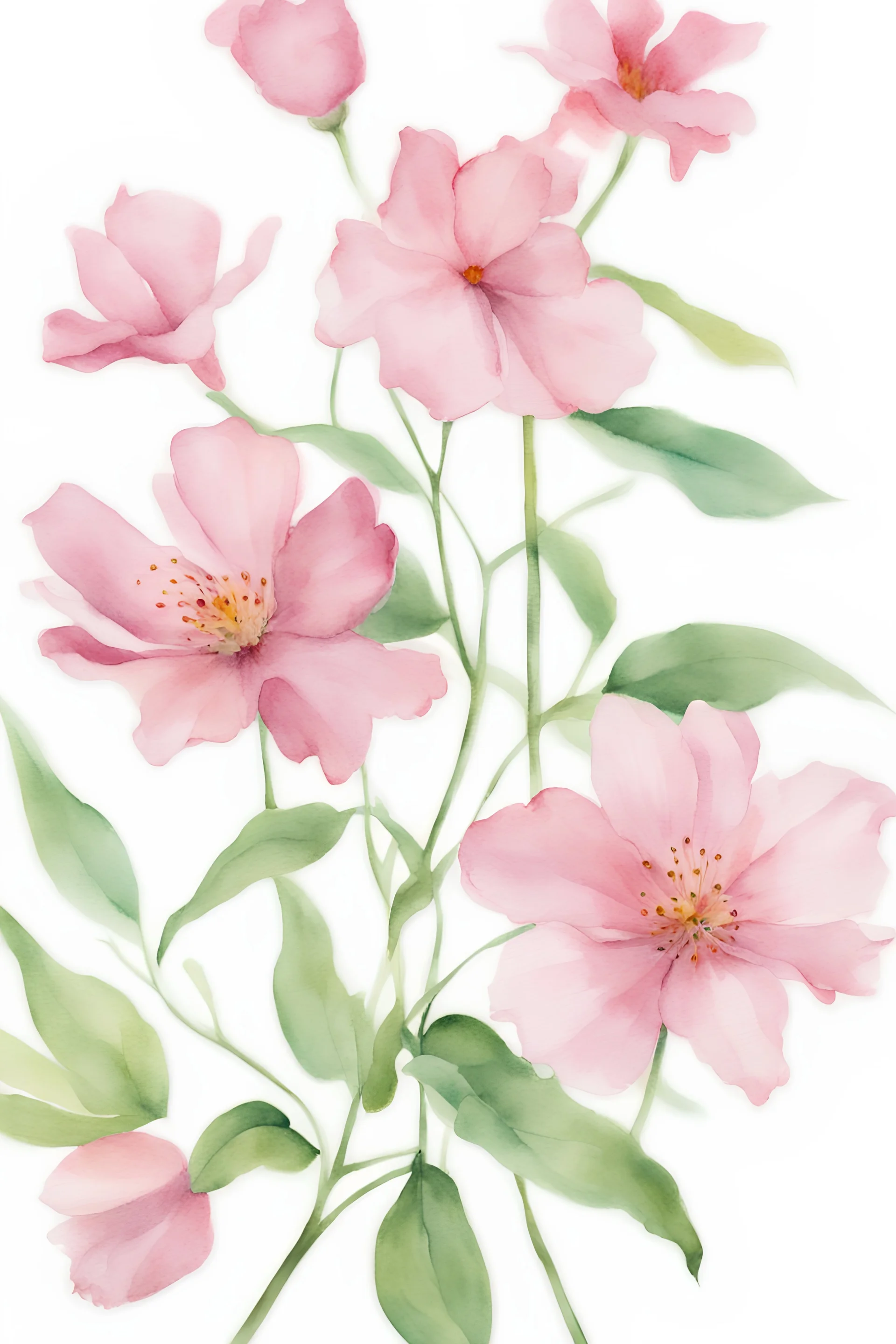 watercolor painting of closeup of pink flowers in isolation on white background, highly realistic details, strong contrast, clear details, central composition, minimalistic, masterful, skillfully painted, realistic colors, vivid colors, white background