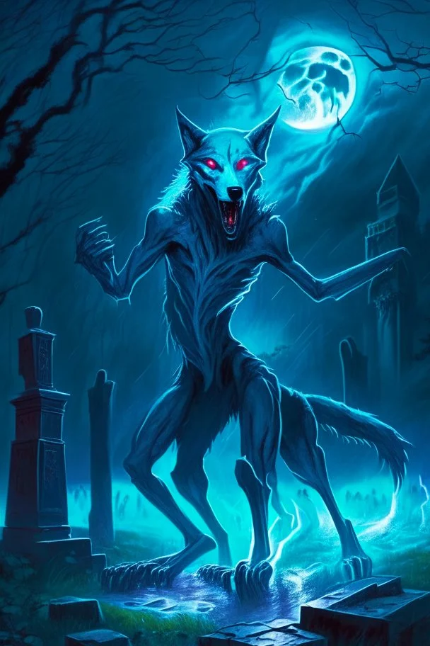 a very thin male glowing blue ethereal bipedal wolf with claws and red eyes in a graveyard at night during a thunderstorm. It has a long bushy tail and appears friendly.