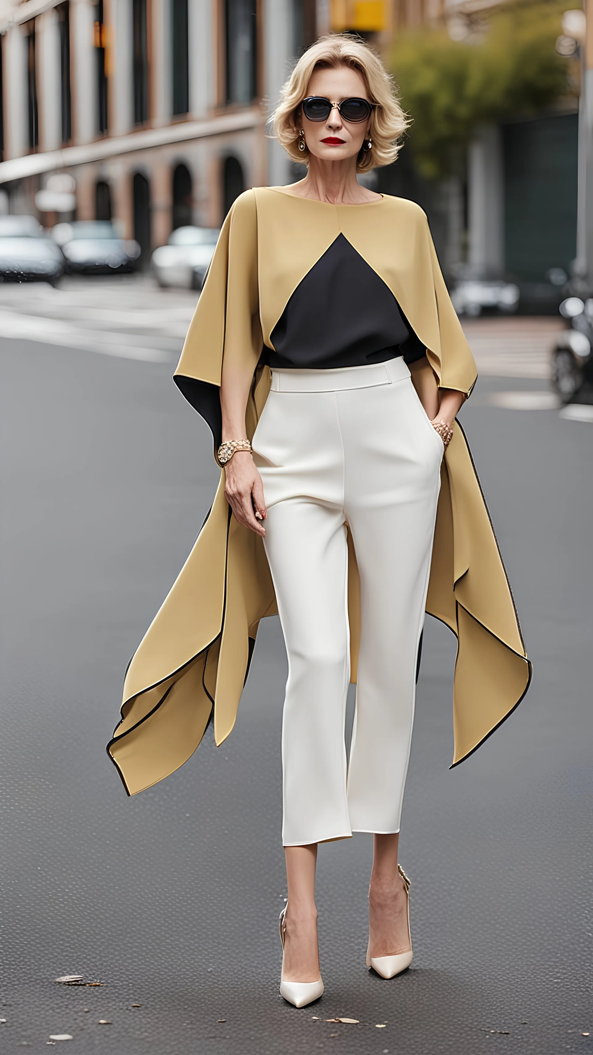 Fashion show walk onto the street. SHEIN Privé Batwing Sleeve Asymmetrical Hem Top & Trousers. beautiful pantsuit for autumn for middle-aged women