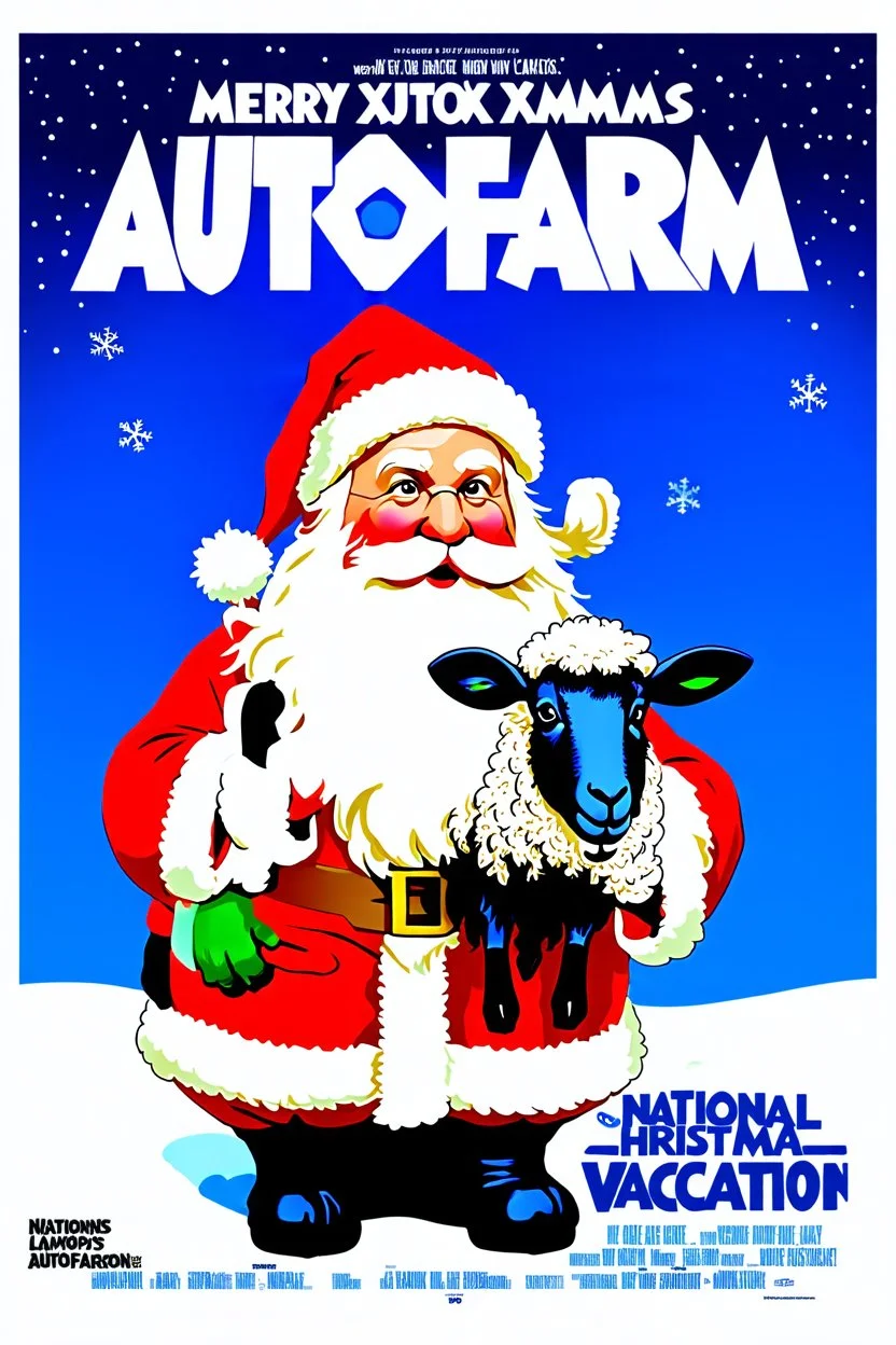 Santa mixed with a fluffy sheep, with title ( Merry xmas autofarm), 1990s style movie poster, national lampoons christmas vacation