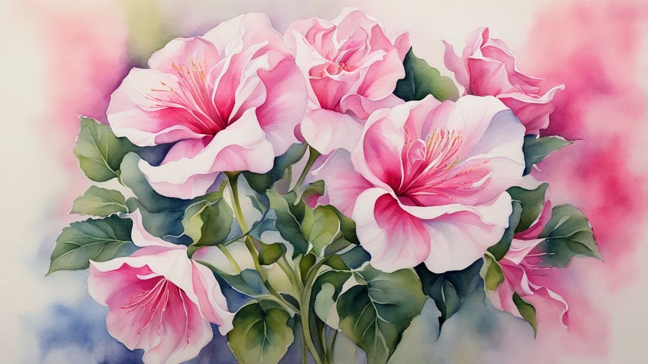 A stunning watercolor painting that captures the ethereal beauty of a bouquet of pink and white anturium. Each petal is delicately painted to showcase the smooth movement and translucent qualities of light, smoke, or other similar materials. The roses are arranged in a graceful manner, with their vibrant colors contrasting against the soft, flowing background. The overall effect is one of serene beauty and tranquility, as if the viewer has stepped into a dreamlike world.