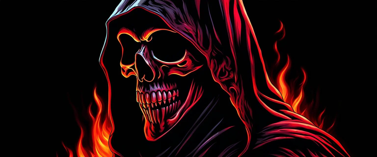 ultra high image quality, hell-tech infused Grim Reaper Close-up of an set against AMOLED-worthy pure black backdrop, fantasy art style infused with filter, tailored for vertical wallpaper, exclusive design with no duplicates, radiating beauty suitable for a PC screen image, vivid colors, ultra fine, digital painting.