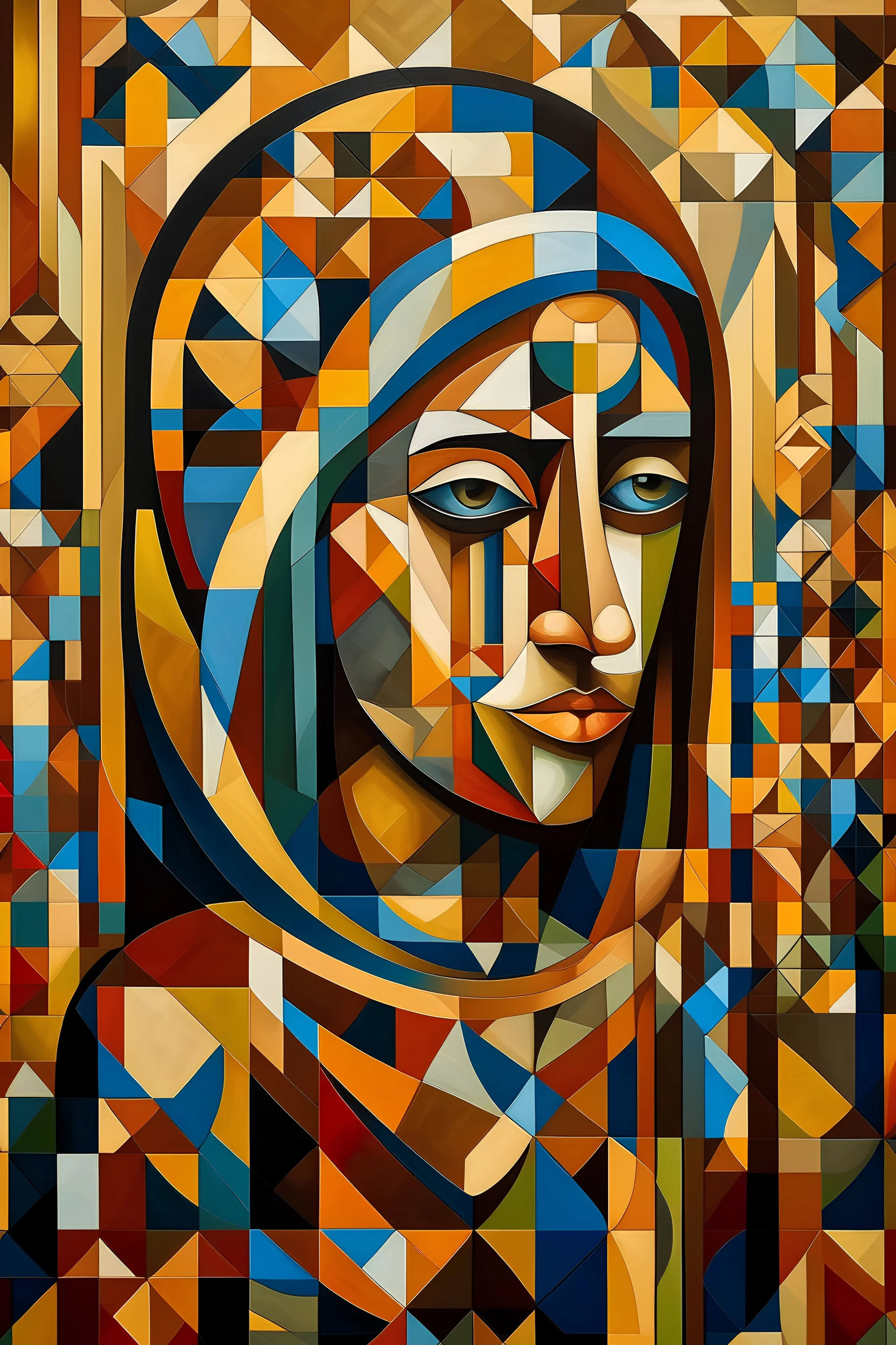 The image reflects Cubism, which represents contemporary Saudi art and Islamic art. Cubist art is characterized by architecture, simple geometric shapes, and bright colors. Appropriate lighting was used to highlight details and highlight the aesthetics of the works. The photo was captured with a high-resolution camera to achieve exceptional image quality. The image reflects the balance between cultural tradition and artistic innovation, and expresses the modern development in Saudi and Islamic a